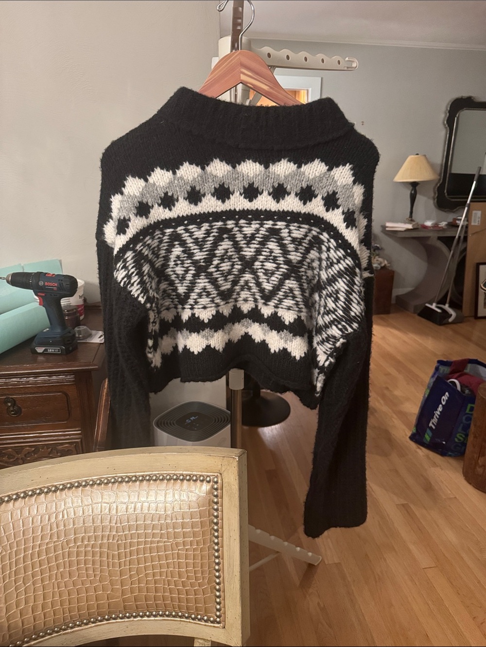 Free People Black and White Cropped Fair Isle Turtleneck Sweater